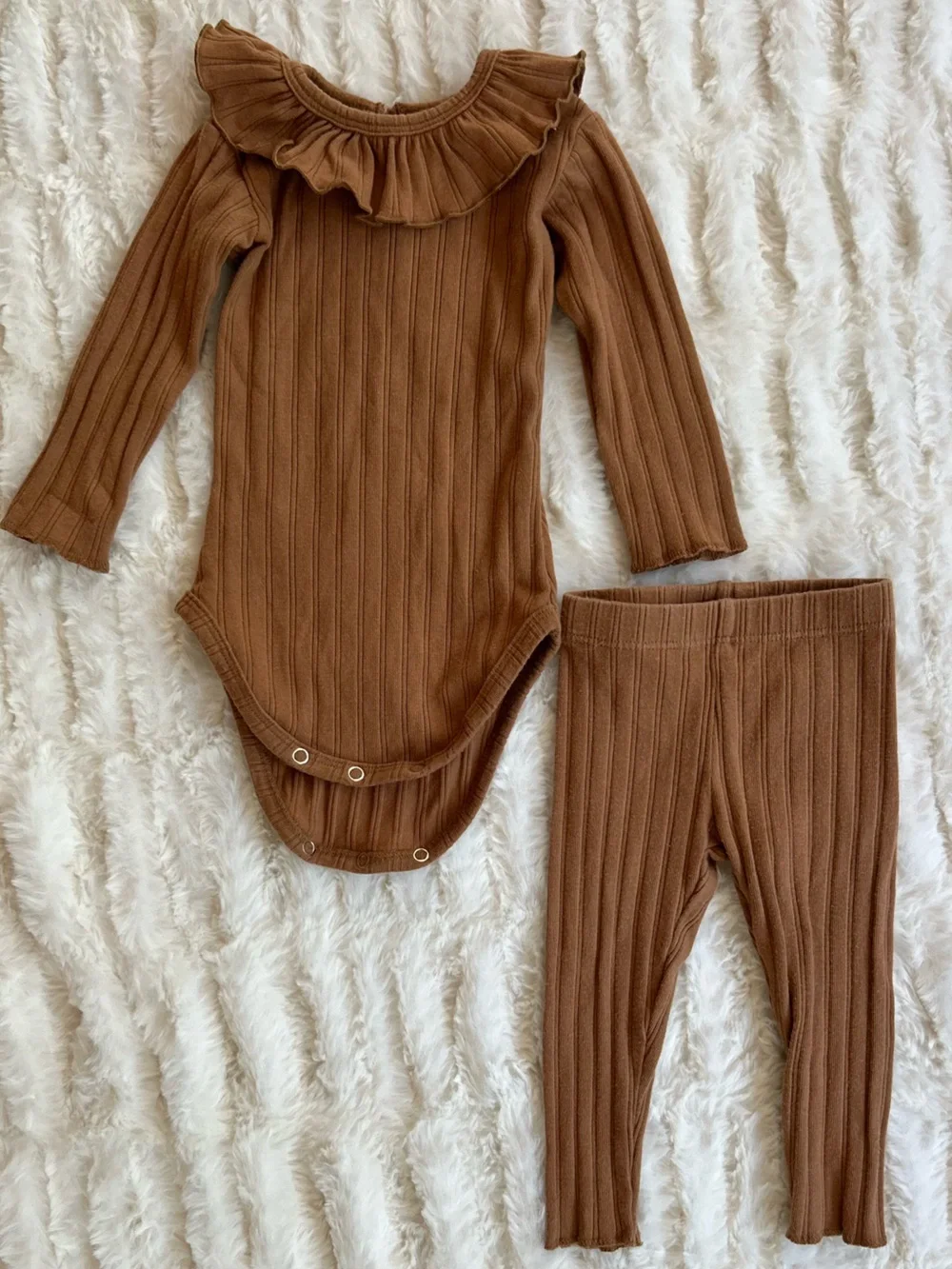 Rylee and Cru Chestnut Brown Ribbed Long Sleeve Bodysuit and Leggings Set